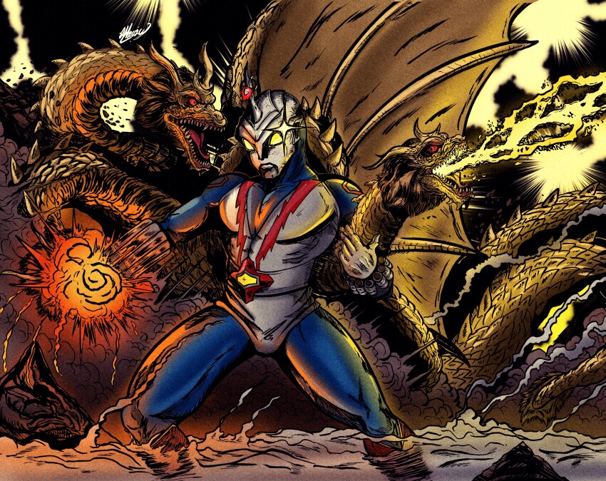 1boy, alien, antennae, artist_collaboration, black_sky, breath_weapon, breathing_lightning, company_connection