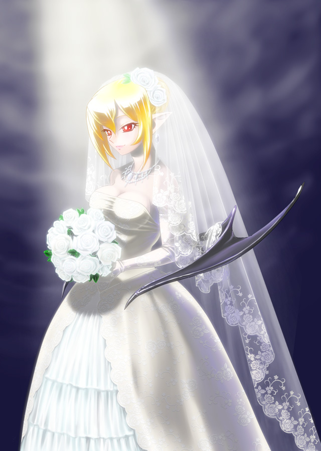 1girl, bat_wings, blonde_hair, bouquet, breasts, cleavage, demon_girl, disgaea, dress, earrings, female_focus, flower, gloves, jewelry, kotatsu_seijin, large_breasts, makai_senki_disgaea_2, red_eyes, rose, rozalin, short_hair, smile, solo, veil, wedding, wedding_dress, white_flower, white_gloves, white_rose, wings