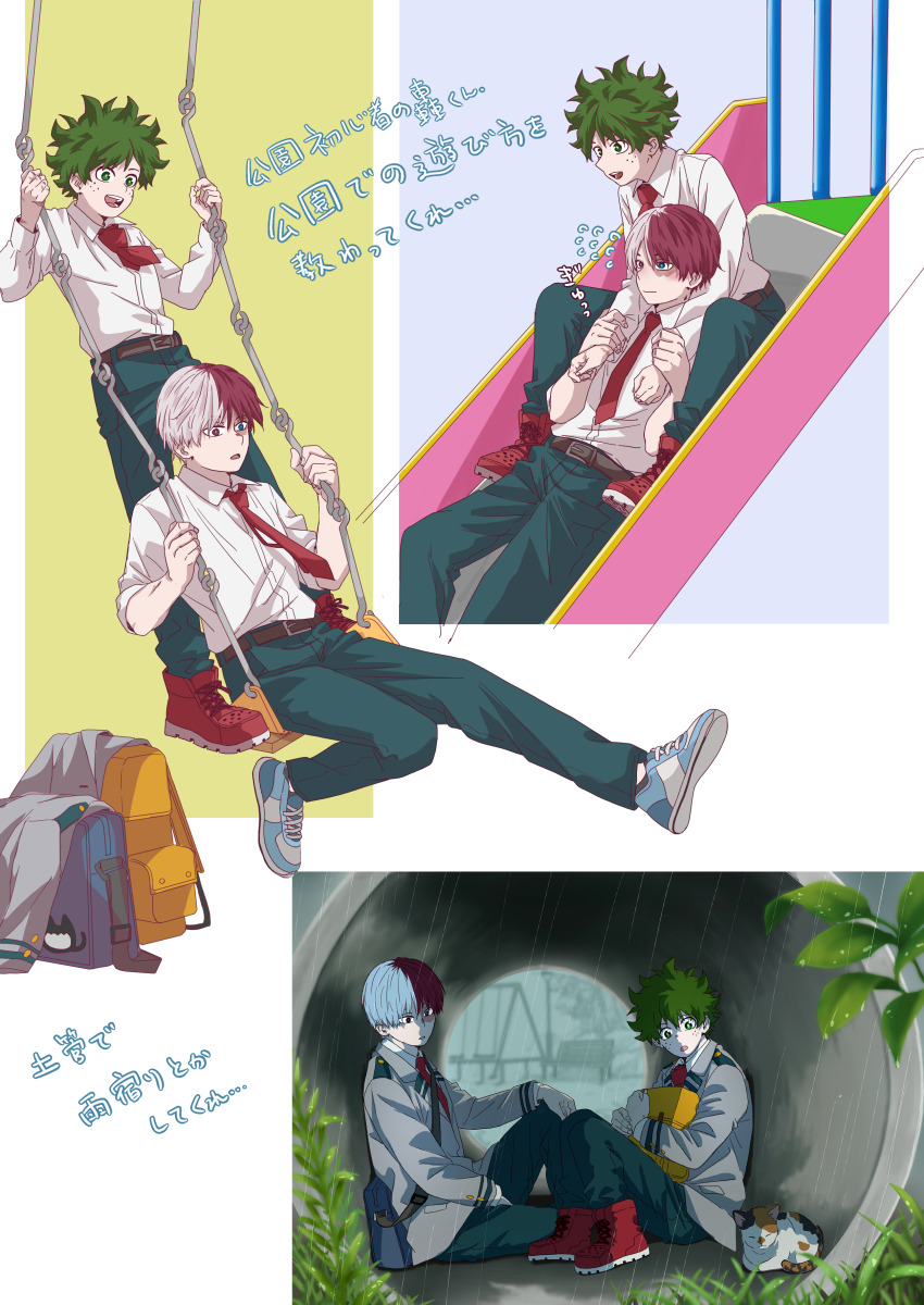 absurdres, backpack, bag, boku_no_hero_academia, cat, ed_hair, freckles, green_hair, highres, hug, ko10_02, midoriya_izuku, scar, school_uniform, swimming, tododeku, todoroki_shoto, white_hair