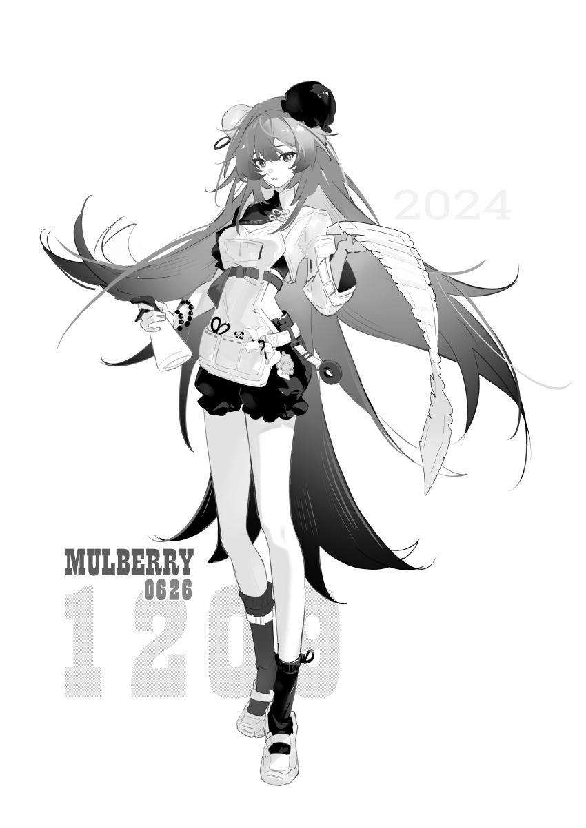 1girl, absurdres, arknights, beads, character_name, chinese_commentary, commentary_request, double_bun