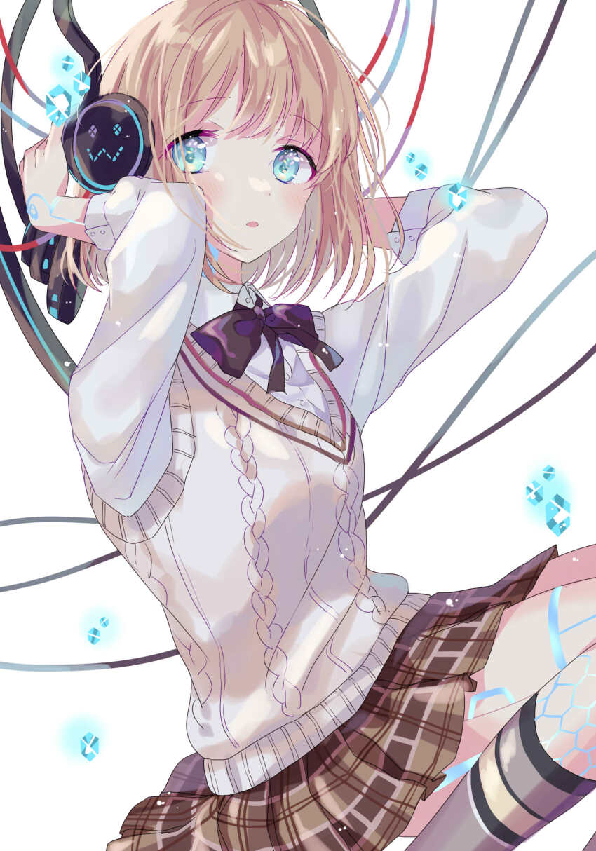 1girl, ai_(shining_nikki), android, black_bow, black_bowtie, blonde_hair, blue_eyes, bow, bowtie, brown_skirt, buttons, cable, collared_shirt, crystal, dress_shirt, dutch_angle, feet_out_of_frame, grey_socks, hanai_yuyu, hands_on_headphones, headphones, highres, kneehighs, kneeling, light_blush, light_particles, long_sleeves, miniskirt, nikki_(series), open_mouth, plaid_clothes, plaid_skirt, pleated_skirt, school_uniform, shining_nikki, shirt, short_hair, shy_confession_(shining_nikki), skirt, socks, solo, sparkle, sweater_vest, vest, white_background, white_shirt, white_vest