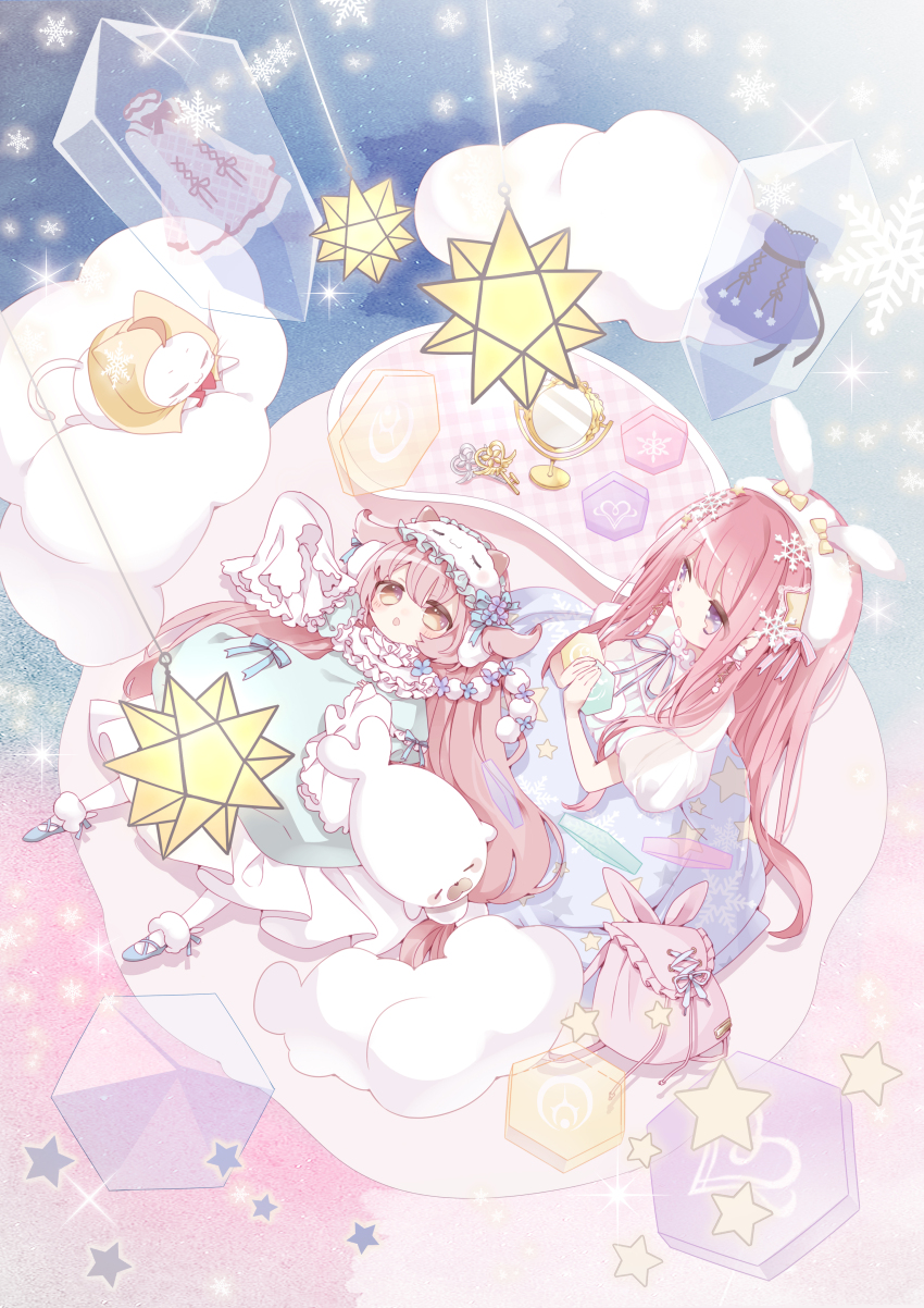 2girls, absurdres, animal, animal_ear_hairband, animal_ears, backpack, bag, bloom_poetry_(shining_nikki)