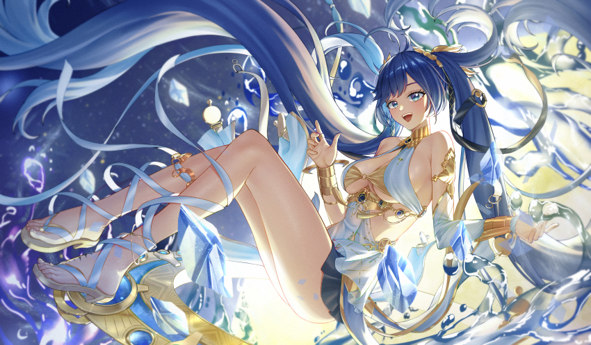 1girl, absurdres, ahoge, bare_legs, bare_shoulders, black_skirt, blue_eyes, blue_hair