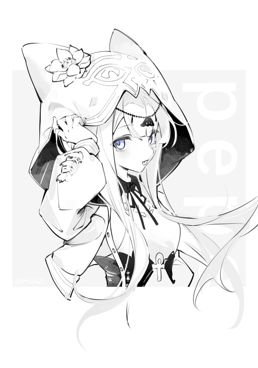 1girl, :d, ankh, arknights, arm_up, blue_eyes, border, character_name, cropped_torso, flower, greyscale, head_chain, highres, hood, hood_up, hooded_jacket, huazihuazihz, jacket, jewelry, long_hair, long_sleeves, looking_at_viewer, monochrome, neck_ribbon, open_mouth, outside_border, pepe_(arknights), ribbon, smile, solo, spot_color