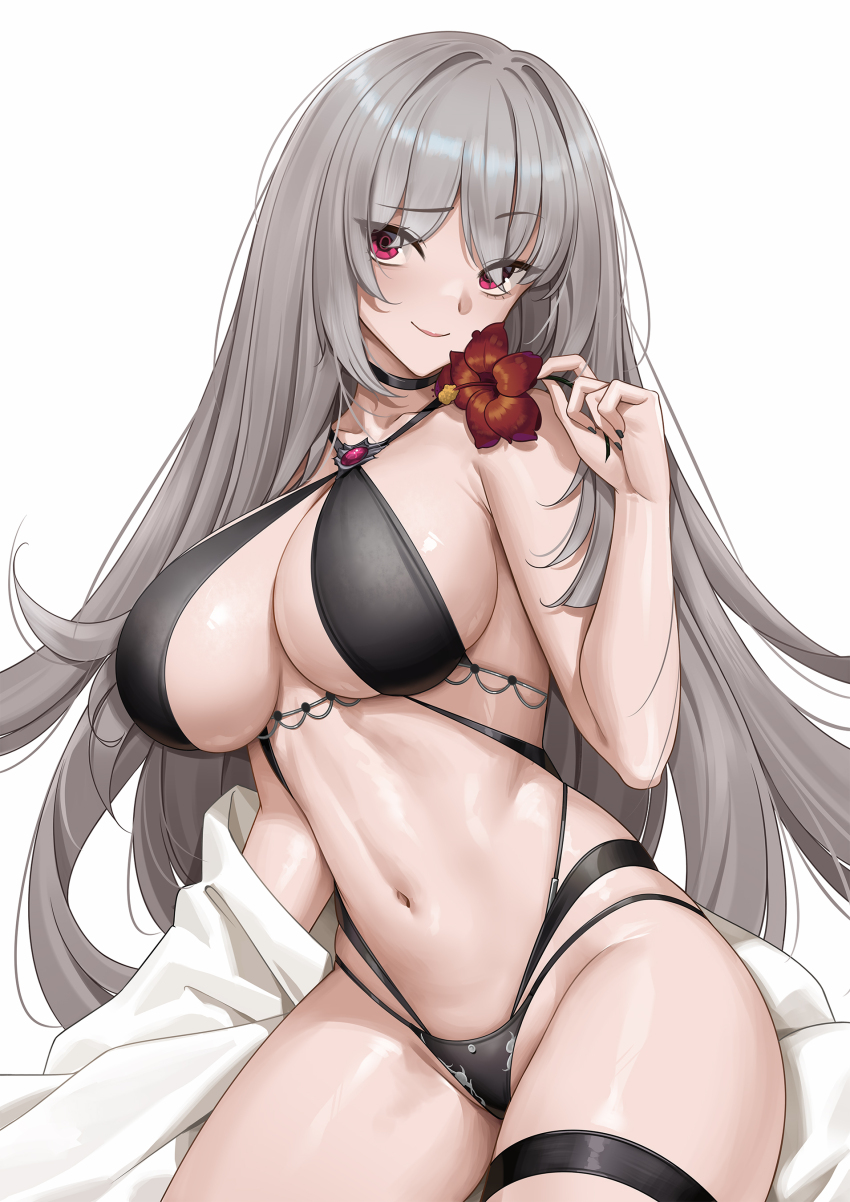 1girl, absurdres, bare_shoulders, bikini, black_bikini, black_choker, black_nails, breasts