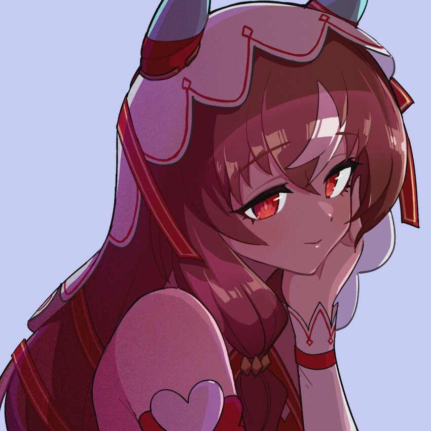 1girl, arm_warmers, bare_shoulders, brown_hair, closed_mouth, commentary_request, ear_covers, hair_between_eyes