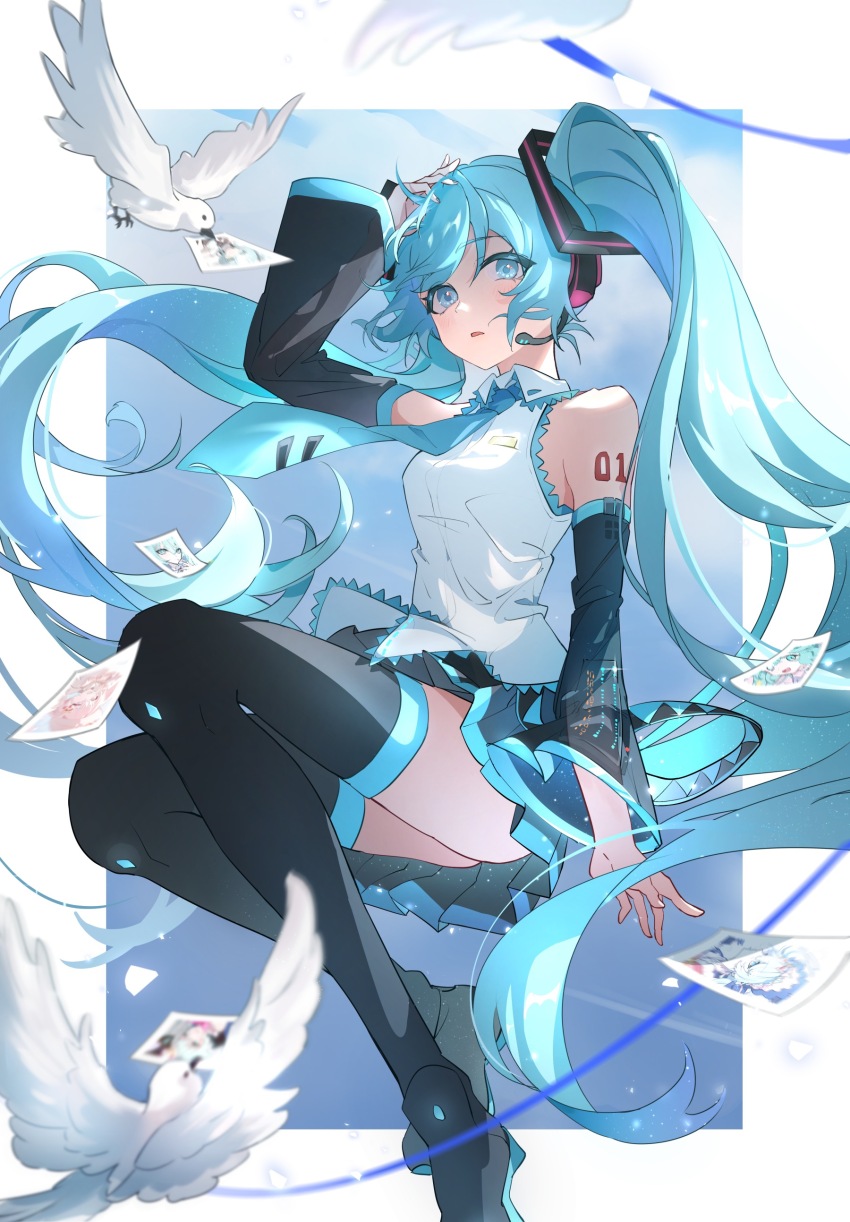 1girl, absurdres, animal, arm_up, bare_shoulders, bird, black_sleeves, black_thighhighs