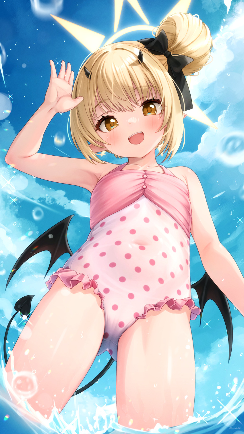 1girl, absurdres, armpits, bare_arms, bare_shoulders, black_bow, black_horns, black_tail