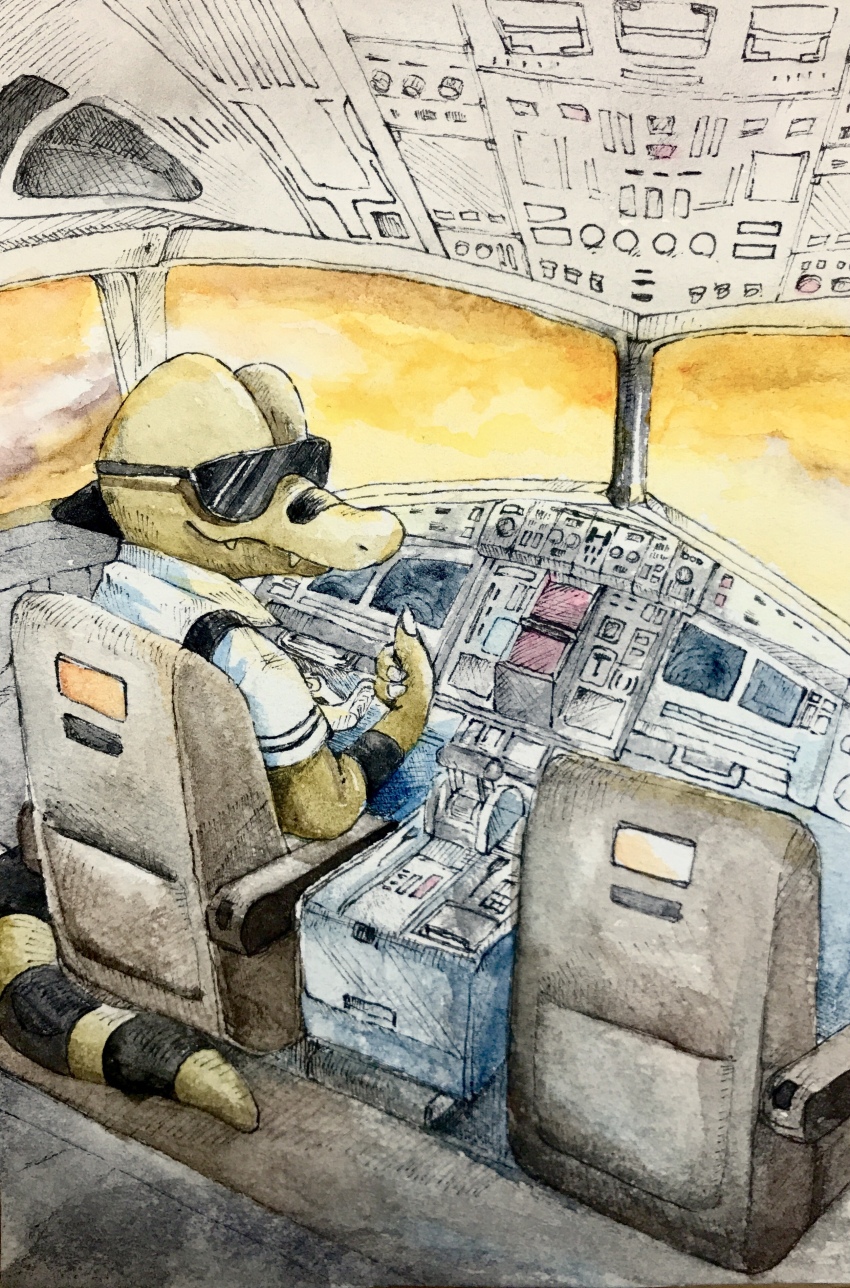 absurdres, airplane_interior, closed_mouth, clothed_pokemon, cockpit, commentary_request, gen_5_pokemon, highres, krokorok, mint_nappa, nintendo, no_humans, nostrils, orange_sky, painting_(medium), pokemon, pokemon_(creature), sky, solo, sunglasses, thumbs_up, traditional_media, watercolor_(medium)