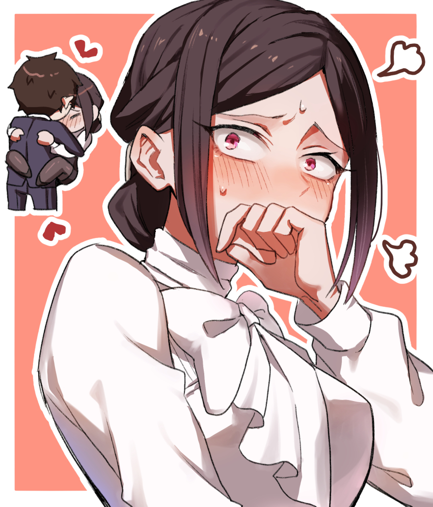 1boy, 1girl, aijou_rentarou, artist_name, black_hair, black_pantyhose, blush, bow