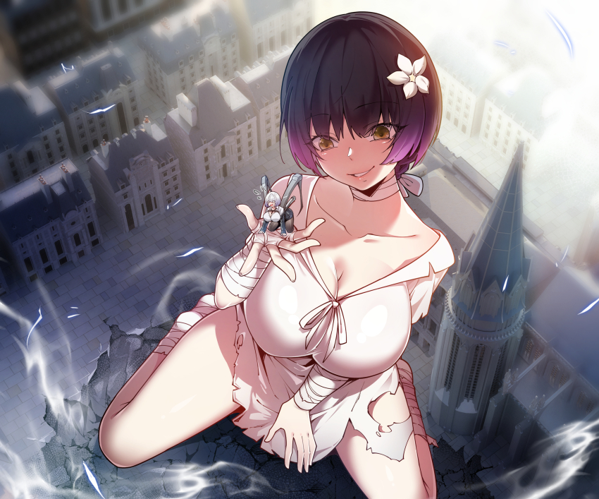 2girls, bandaged_arm, bandaged_leg, bandages, black_hair, breasts, building, city