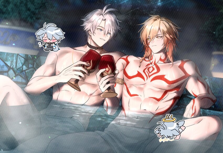 2boys, abs, absurdres, animal_ears, antenna_hair, arm_tattoo, armlet, b_bcollector, blonde_hair, blue_eyes, bread, bread_slice, chest_tattoo, chibi, commentary_request, commission, cup, dog_boy, dog_ears, dog_tail, eye_contact, facial_tattoo, food, gradient_hair, highres, holding, holding_cup, honkai:_star_rail, honkai_(series), jewelry, korean_commentary, looking_at_another, male_focus, multicolored_hair, multiple_boys, mydei_(honkai:_star_rail), parted_bangs, partially_submerged, phainon_(honkai:_star_rail), red_hair, short_hair, tail, tattoo, toast, toned, toned_male, topless_male, towel, towel_around_waist, white_hair, yaoi, yellow_eyes