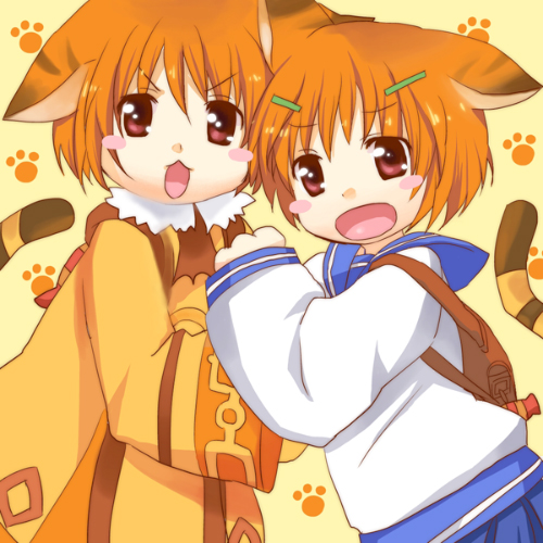 2boys, :3, alternate_costume, animal_ears, bag, blue_skirt, blush_stickers, brown_eyes, cat_ears, cat_tail, crossdressing, crossdressing_(mtf), dress, dual_persona, emil_chronicle_online, hair_ornament, hairclip, hisui_(paingumi), lowres, multiple_boys, nekomata_anzu, open_mouth, orange_dress, orange_hair, paw_print, paw_print_background, school_uniform, serafuku, shoulder_bag, skirt, tail, trap, yellow_background