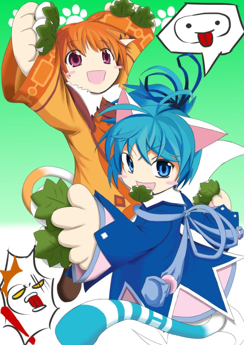 !, 1boy, 1girl, animal_ears, animal_hands, antenna_hair, blue_bow, blue_eyes