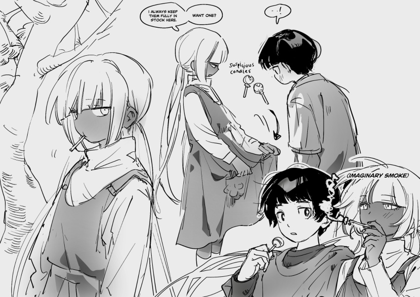 1boy, 1girl, candy, child, cowboy_shot, dress, food, garnet_(project_moon)