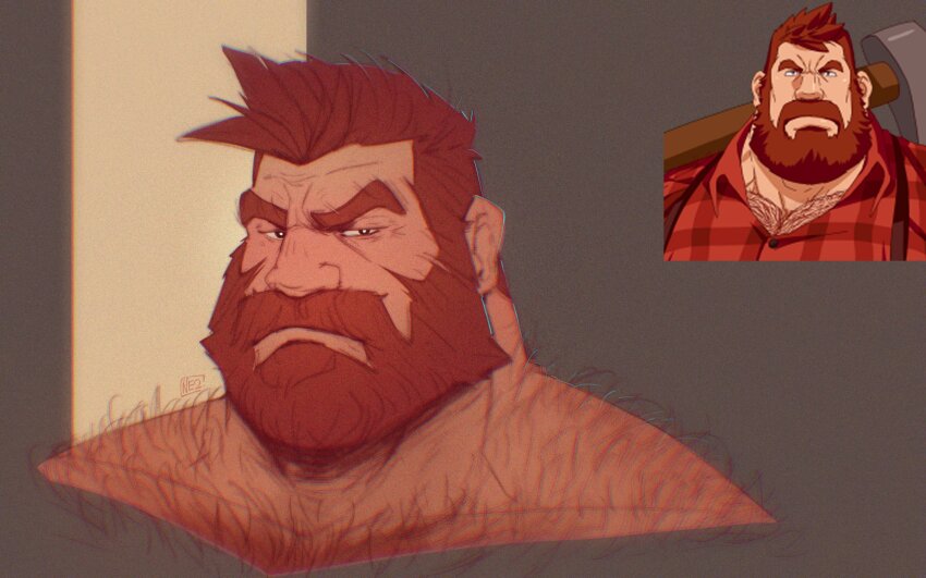 1boy, bara, beard, body_hair, closed_mouth, commentary, english_commentary, facial_hair