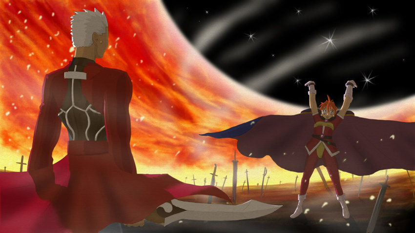 1boy, 1girl, archer_(fate), crossover, fate/stay_night, fate_(series), giga_slave, lina_inverse, slayers, sword, unlimited_blade_works_(reality_marble), weapon