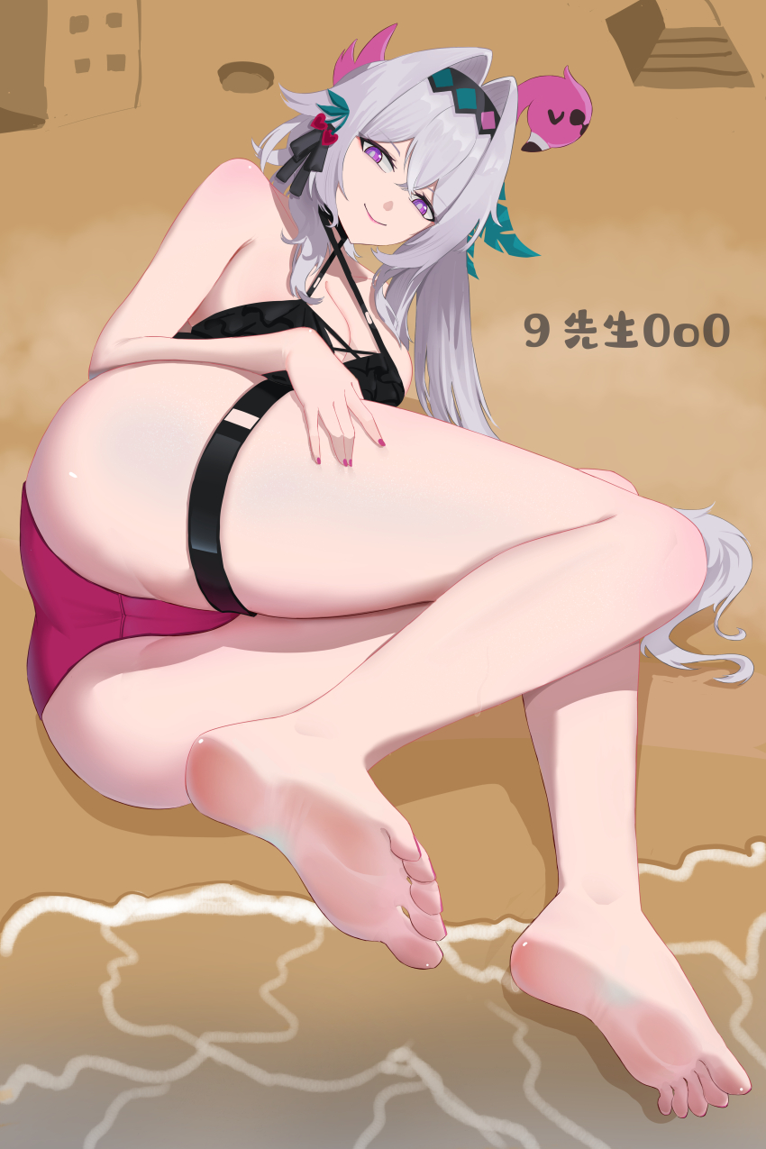 1girl, 9xiansheng0o0, absurdres, barefoot, beach, bikini, feet, grey_hair