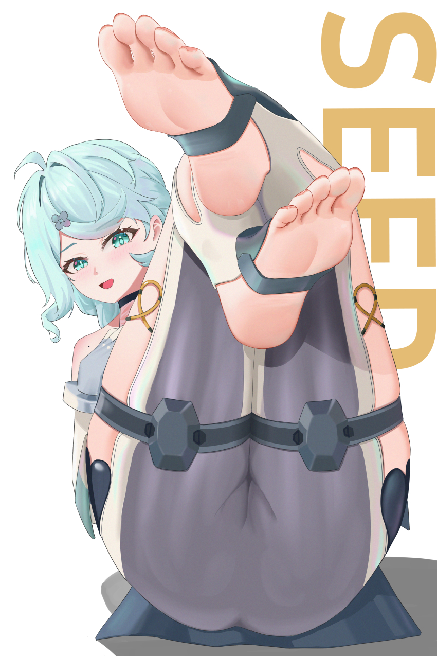 1girl, 9xiansheng0o0, absurdres, barefoot, blue_eyes, blue_hair, blush, feet, feet_up, highres, long_hair, looking_at_viewer, open_mouth, seed_(zenless_zone_zero), soles, stirrup_legwear, toeless_legwear, toes, zenless_zone_zero