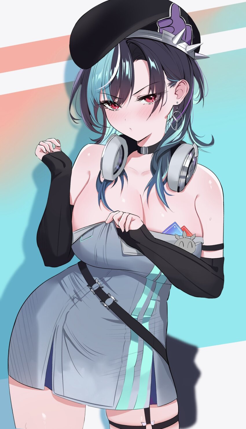 1girl, bare_shoulders, beret, black_choker, black_hair, black_hat, black_sleeves, blue_hair