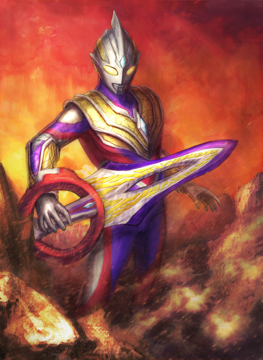 1boy, absurdres, alien, arm_guards, armor, breastplate, canyon, circle_arms, circle_arms_(multi_sword), cliff, color_timer, colored_skin, commentary, compound_eyes, crystal, dorsal_fin, dust_cloud, feet_out_of_frame, forehead_jewel, glowing, glowing_eyes, gradient_sky, highres, holding, holding_sword, holding_weapon, looking_down, male_focus, multicolored_skin, multicolored_sky, orange_sky, outdoors, pectorals, purple_skin, red_skin, robuja, silver_skin, sky, solo, standing, sunset, sword, tokusatsu, toned, toned_male, tsuburaya_productions, ultra_series, ultraman_trigger, ultraman_trigger_(multi_type), ultraman_trigger_(series), weapon, yellow_eyes, yellow_sky