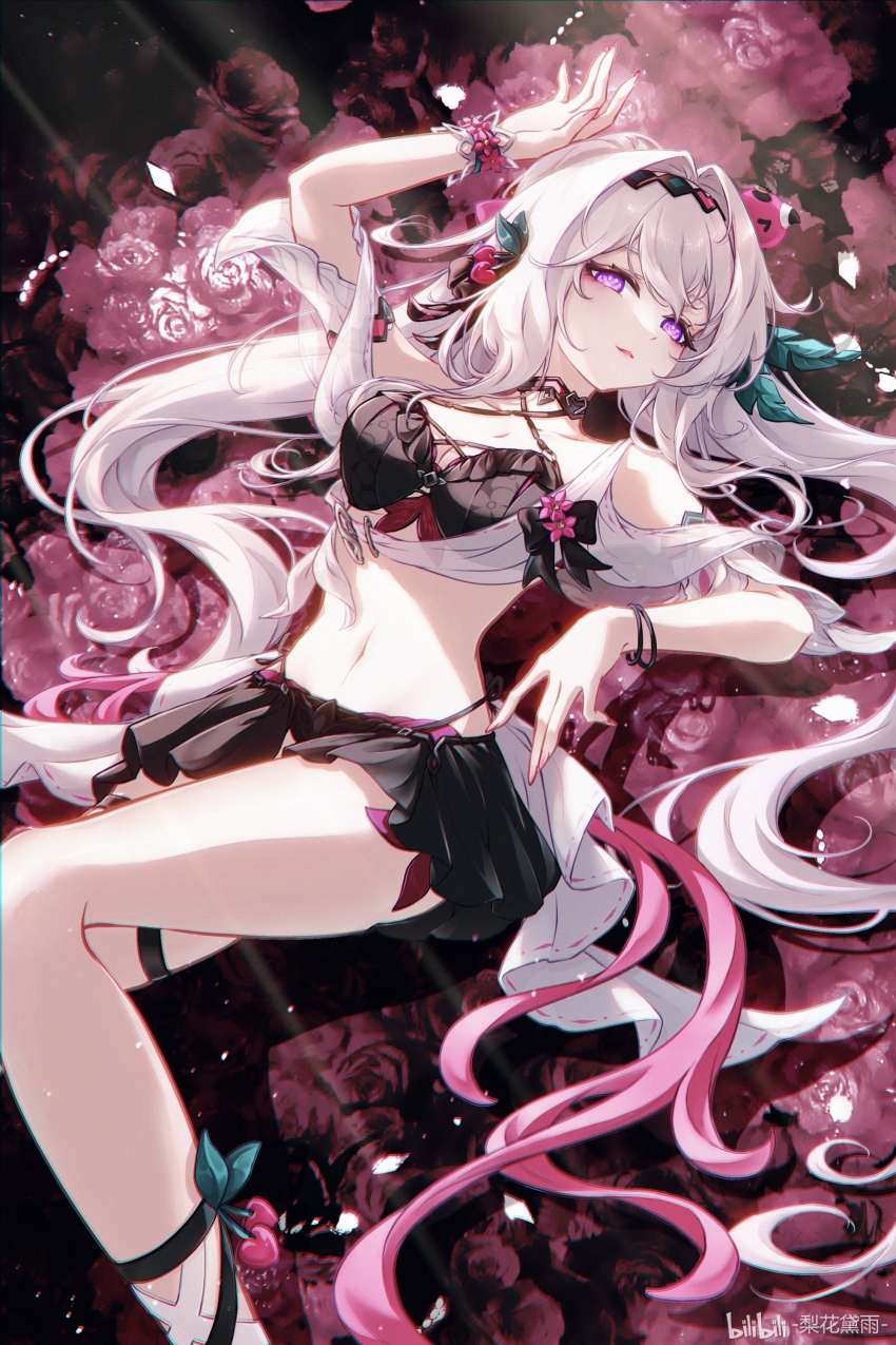 1girl, absurdres, arm_up, bare_shoulders, bikini, black_bikini, black_skirt, breasts