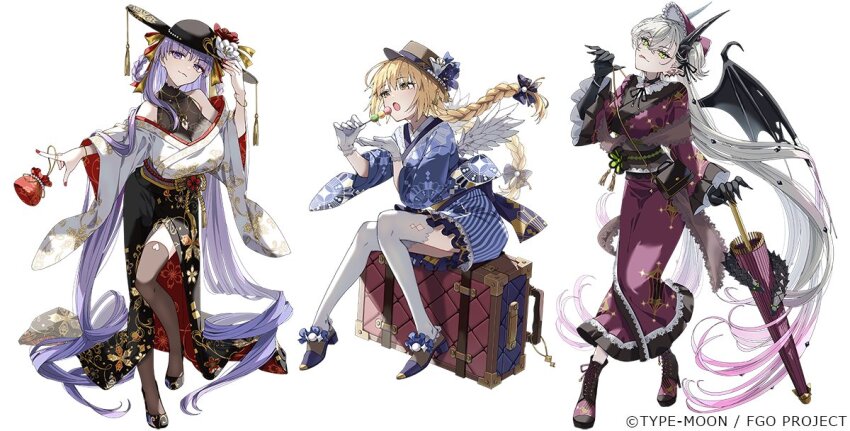 3girls, bat_wings, bb_(fate), bb_dubai_(fate), bb_dubai_(kyomaf_2025)_(fate), black_hat, black_leggings, blonde_hair, braid, braided_ponytail, breasts, carimarica, dango, demon_horns, dress, fate/grand_order, fate_(series), food, gloves, gradient_hair, green_eyes, hat, holding, holding_umbrella, horns, japanese_clothes, jeanne_d'arc_(fate), large_breasts, leggings, lilith_(fate), long_hair, metatron_jeanne_(fate), multicolored_hair, multiple_girls, official_art, pink_hair, purple_eyes, purple_hair, suitcase, umbrella, very_long_hair, wagashi, white_gloves, white_hair, white_leggings, wings, yellow_eyes