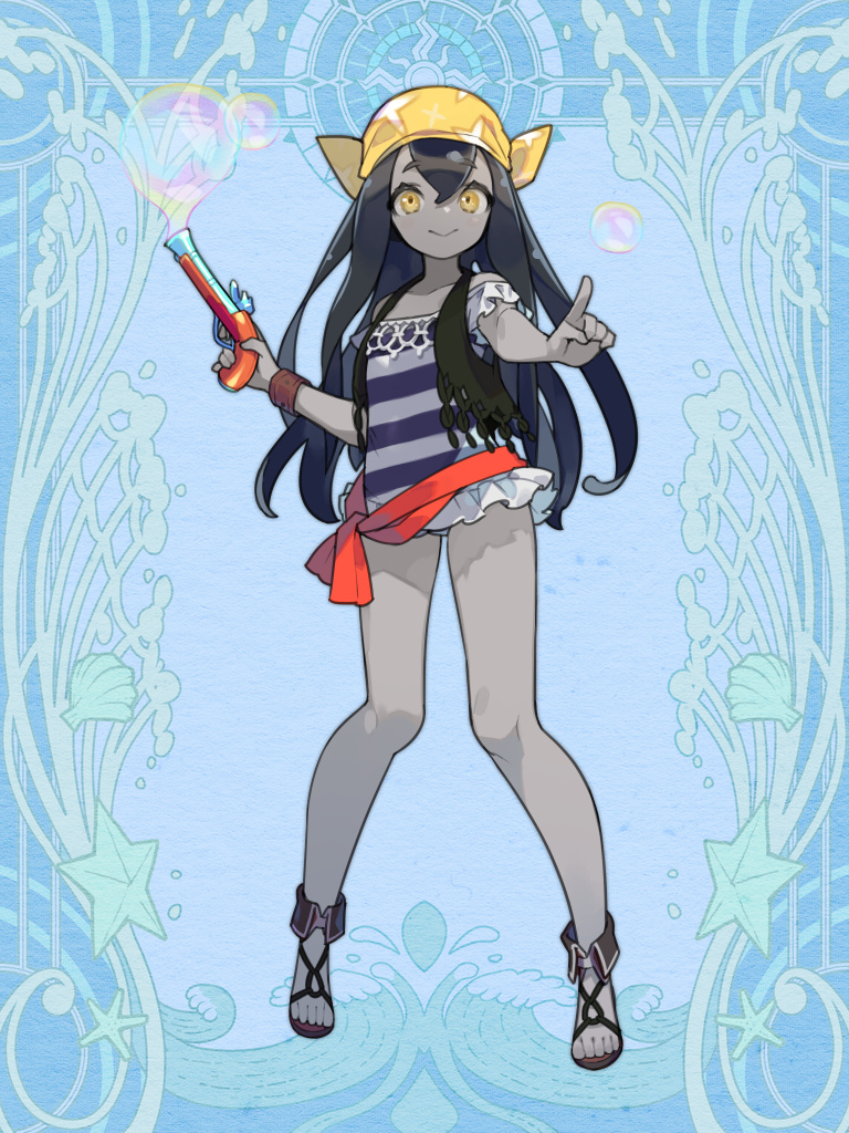 1girl, bandana, black_hair, blue_background, bubble, colored_skin, dairoku_ryouhei, full_body