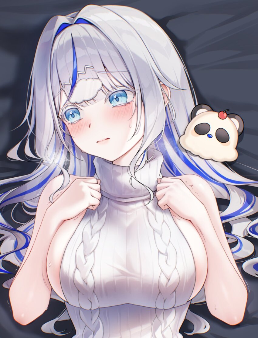 1girl, 3:, aokumo_rin, bare_arms, bare_shoulders, bed_sheet, blue_eyes, blush