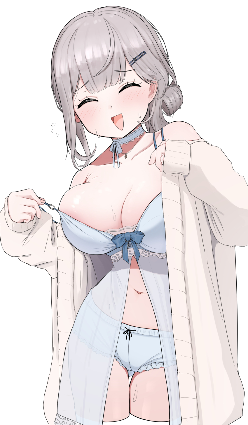 1girl, ^_^, absurdres, babydoll, blue_babydoll, blue_choker, breasts, cardigan