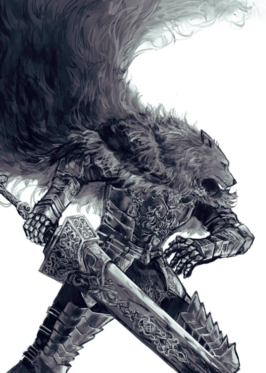 1boy, animal_ears, armor, black_fur, blaidd_the_half-wolf, cape, closed_mouth, commentary_request, elden_ring, fang, fang_out, fur_cape, furry, furry_male, highres, holding, holding_sword, holding_weapon, looking_to_the_side, male_focus, profile, rens0o, sword, weapon, white_background, wolf_boy, wolf_ears