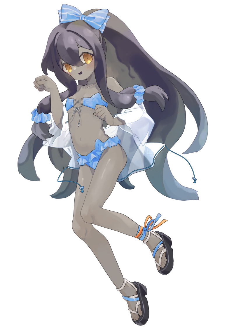 bikini, black_hair, blue_bikini, blue_bow, blue_scrunchie, bow, colored_skin, dairoku_ryouhei, dondoconemuru, flat_chest, full_body, grey_skin, hair_between_eyes, hair_bow, hand_up, highres, jacket, jacket_partially_removed, miffet_mothergoose, sandals, scrunchie, solo, standing, swimsuit, transparent_background, yellow_eyes
