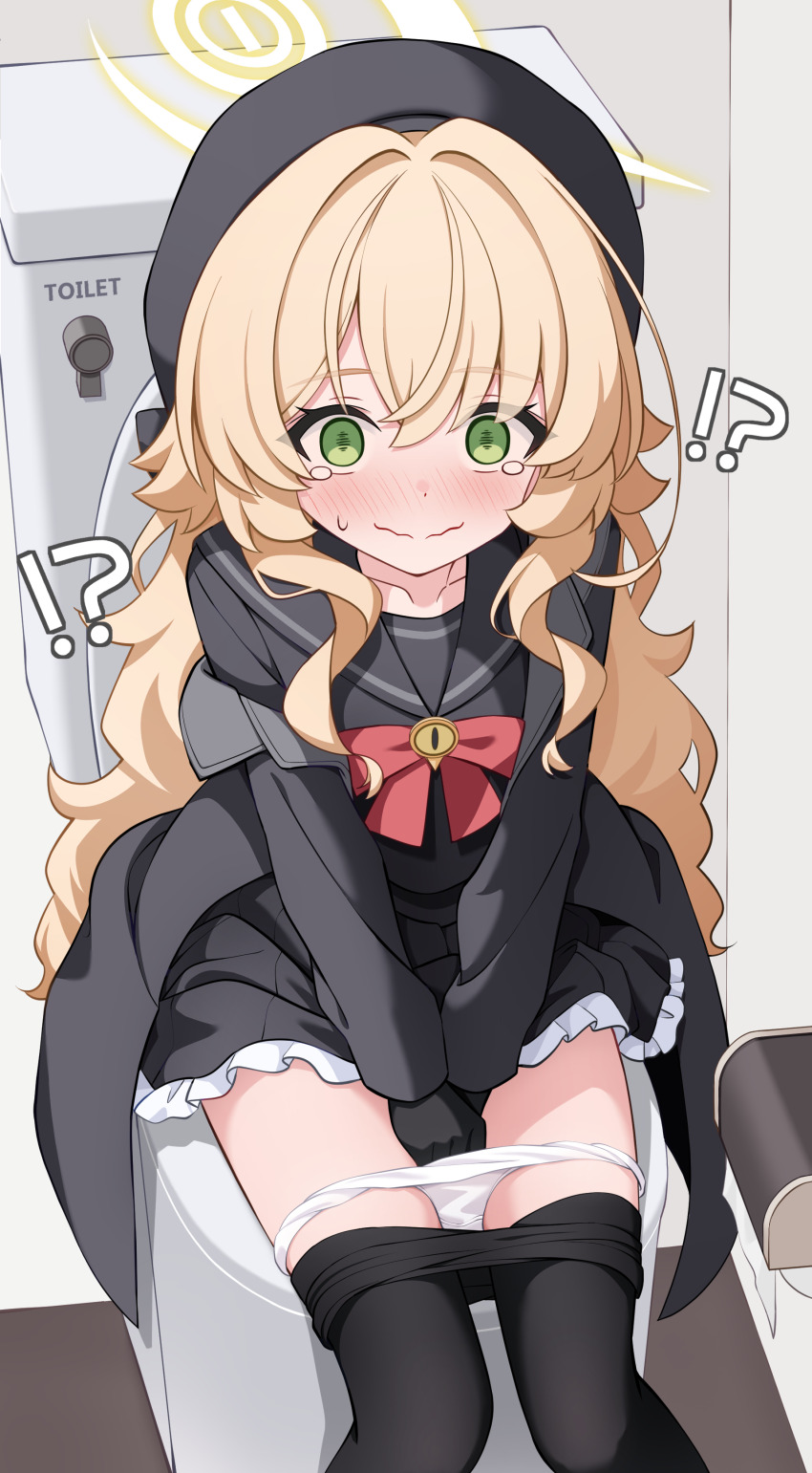 !?, 1girl, absurdres, bathroom, beret, between_legs, black_coat, black_dress