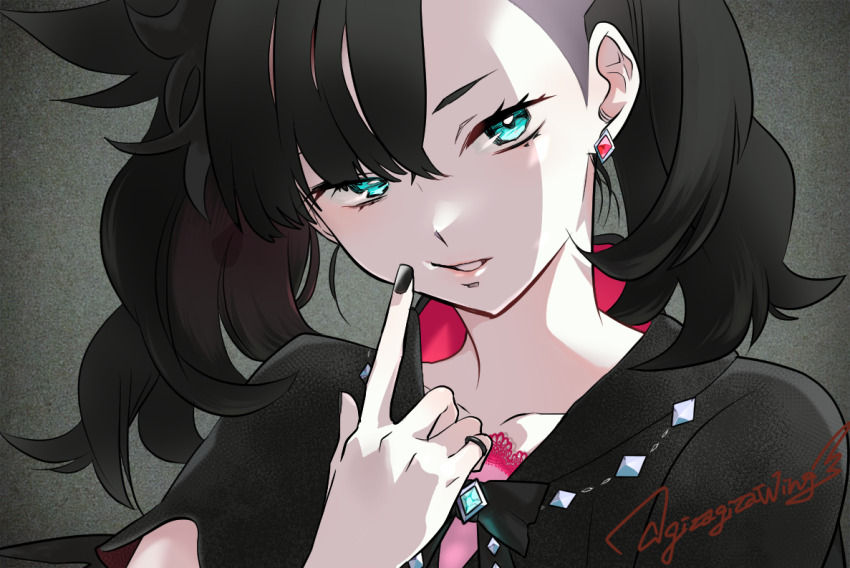 1girl, black_dress, black_hair, black_nails, collarbone, commentary_request, dress, earrings