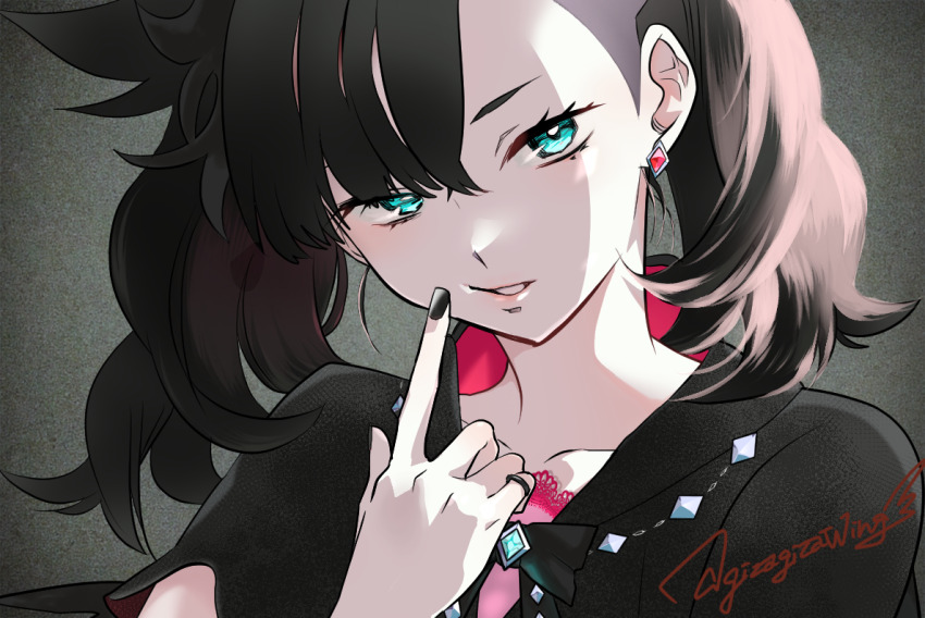 1girl, backlighting, black_dress, black_hair, black_nails, collarbone, dress, earrings, finger_to_cheek, fingersmile, green_eyes, grey_background, hand_up, index_finger_raised, jewelry, looking_at_viewer, marnie_(champion)_(pokemon), marnie_(pokemon), nail_polish, nintendo, official_alternate_costume, otona_kasuke, parted_lips, pokemon, pokemon_masters_ex, portrait, signature, single_earring, solo, twintails, upper_body, variant_set