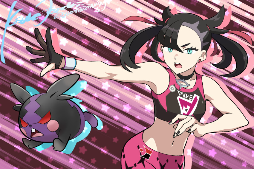 1girl, arm_up, asymmetrical_bangs, black_choker, black_hair, black_nails, black_sports_bra, breasts, choker, dynamax_band, earrings, gen_8_pokemon, gloves, green_eyes, hair_ribbon, hand_up, jewelry, looking_to_the_side, marnie_(pokemon), midriff, morpeko, morpeko_(hangry), navel, nintendo, official_alternate_costume, open_hand, open_mouth, otona_kasuke, outstretched_arms, pants, pokemon, pokemon_sword_and_shield, purple_pants, red_ribbon, ribbon, signature, single_earring, single_glove, small_breasts, sports_bra, star_(symbol), star_symbol_background, stomach, twintails, undercut, upper_body, v-shaped_eyebrows