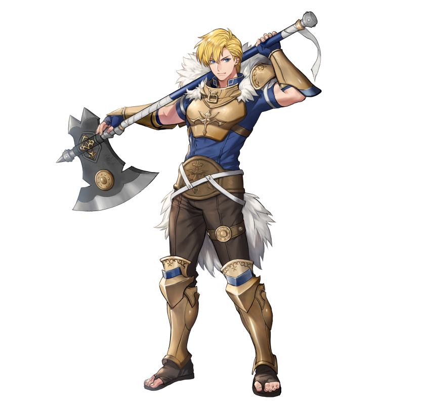 1boy, absurdres, armor, axe, battle_axe, blonde_hair, blue_eyes, breastplate