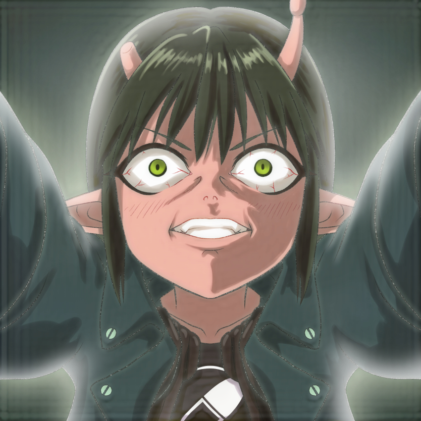 1girl, alien, angry, antennae, black_background, black_jacket, black_shirt, bloodshot_eyes