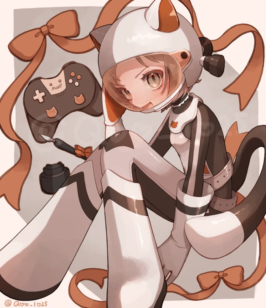 1girl, animal_ears, bow, bowtie, brown_hair, controller, fake_animal_ears, game_controller, highres, magical_girl, mahou_shoujo_ikusei_keikaku, mahou_shoujo_ikusei_keikaku_restart, open_mouth, orange_bow, orange_bowtie, orange_ribbon, pen, qoo_1025, ribbon, short_hair, smile, spacesuit, yumenoshima_genopsycho