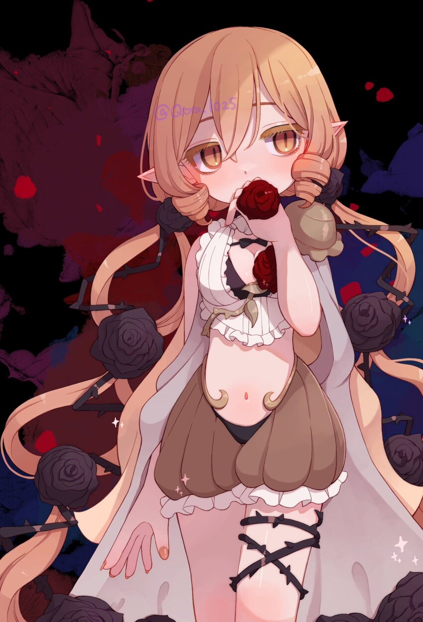 1girl, black_flower, black_panties, black_rose, blonde_hair, breasts, cleavage, curly_hair