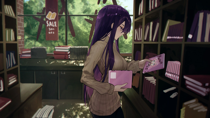1girl, book, bookshelf, doki_doki_literature_club, english_text, eyelashes, hair_ornament, hairclip