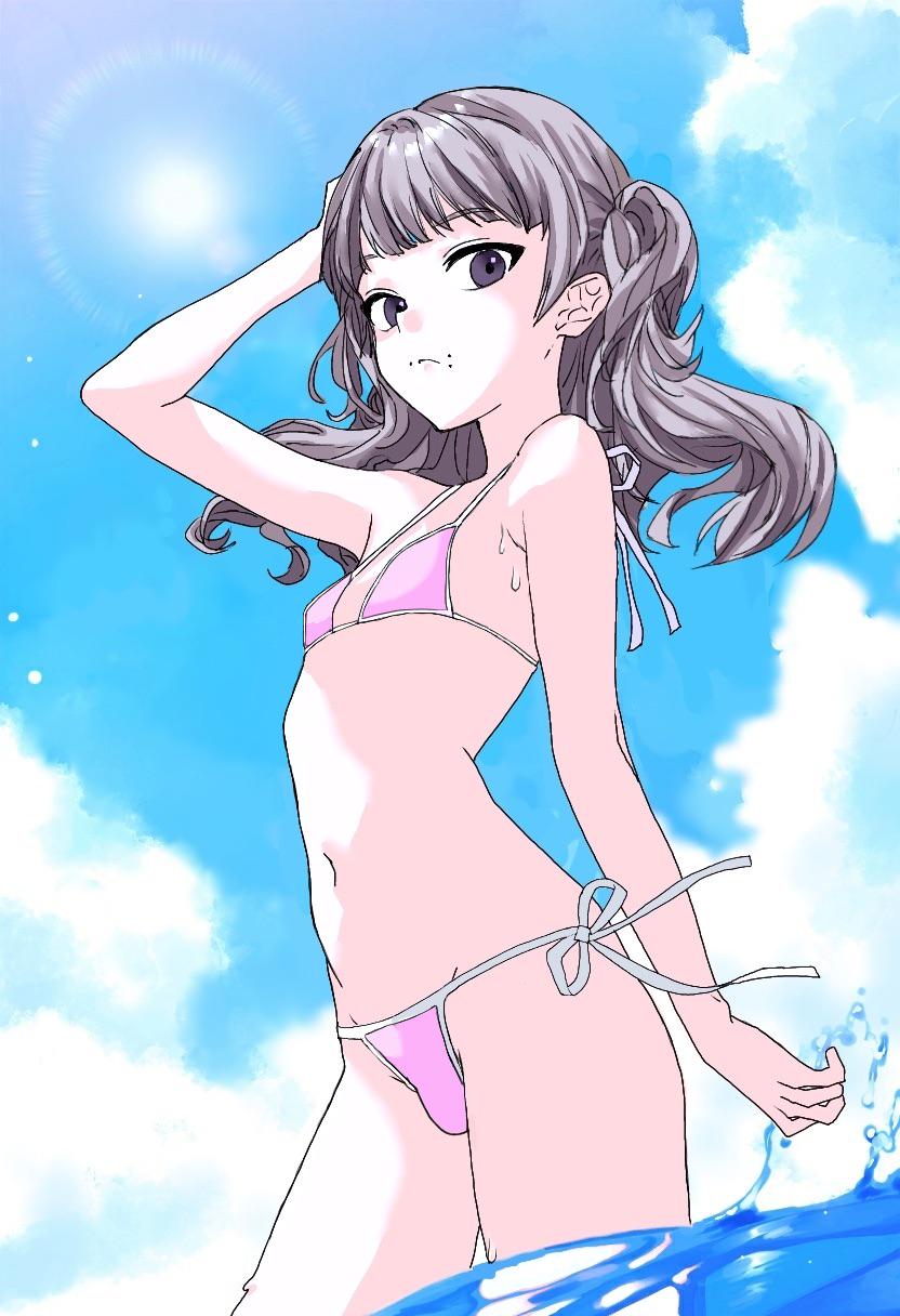 1boy, alternate_costume, bikini, blue_sky, brown_eyes, brown_hair, bulge, closed_mouth, commentary, cowboy_shot, crossdressing, face_piercing, fear_&amp;_hunger_(series), fear_&amp;_hunger_2:_termina, flat_chest, hidemaan2000, highres, long_hair, looking_at_viewer, marina_(fear_&amp;_hunger), mouth_piercing, navel, ocean, outdoors, piercing, pink_bikini, side-tie_bikini_bottom, sky, solo, stomach, sun, swimsuit, trap, wading, water