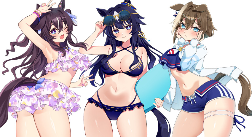 3girls, absurdres, alternate_costume, animal_ears, arm_up, armpits, ass, bikini