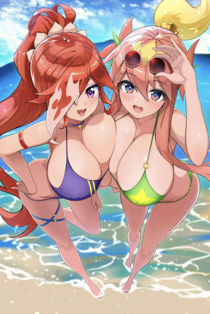2girls, beach, bikini, blue_eyes, blue_sky, breast_press, breasts, cloud, cloudy_sky, duel_masters, eyewear_on_head, from_above, glenglassaugh_(duel_masters), green_bikini, hair_ornament, hair_over_one_eye, high_ponytail, highres, huge_breasts, long_hair, looking_at_viewer, multicolored_eyes, multicolored_hair, multiple_girls, ocean, open_mouth, outdoors, pink_eyes, pink_hair, ponytail, purple_bikini, purple_eyes, rafululu_love_(duel_masters), red_hair, sand, sidelocks, sky, standing, standing_on_one_leg, sunglasses, swimsuit, symmetrical_docking, tanityu, very_long_hair