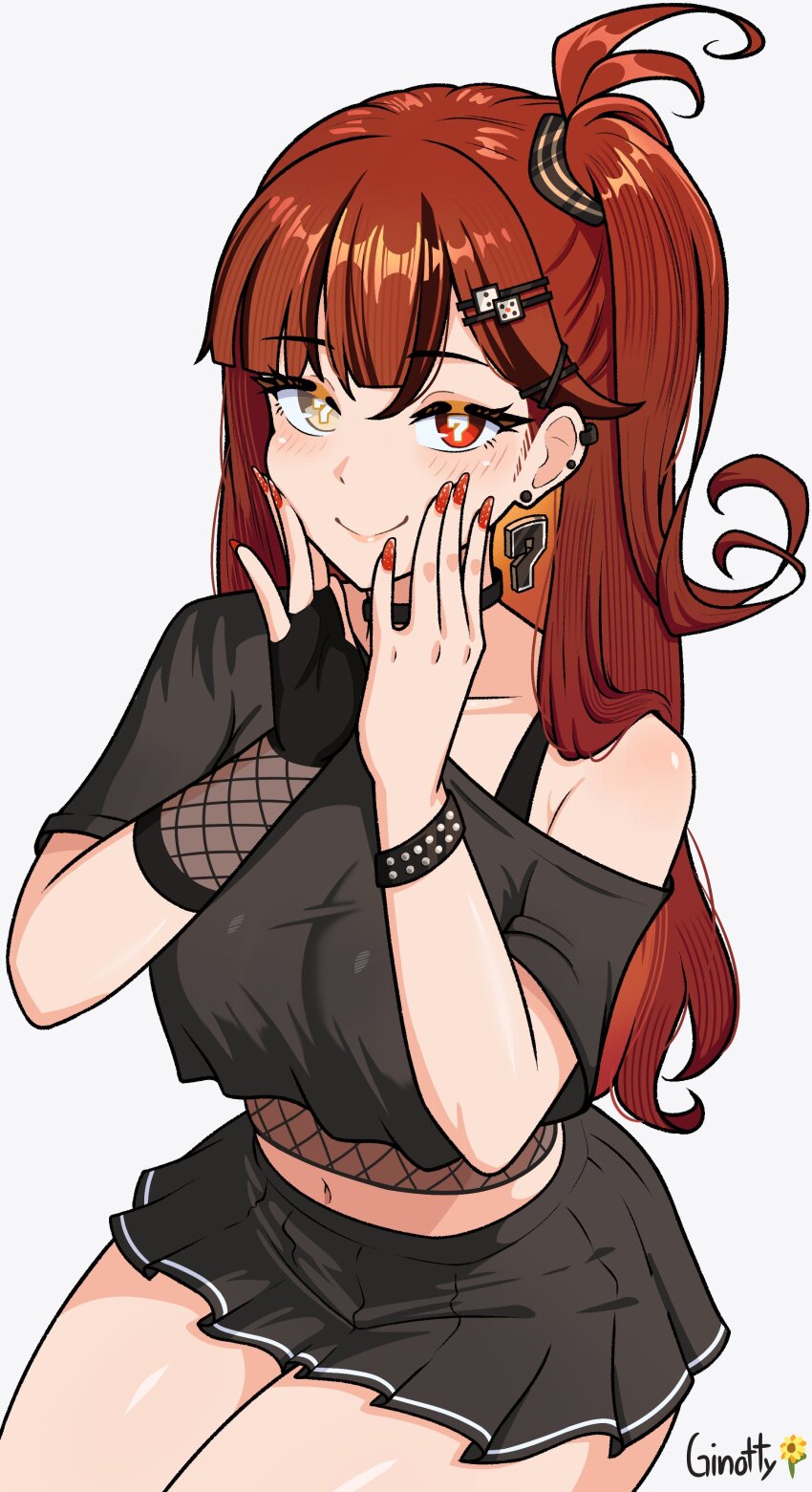 1girl, absurdres, alternate_costume, black_choker, black_gloves, black_shirt, black_skirt, bra_strap