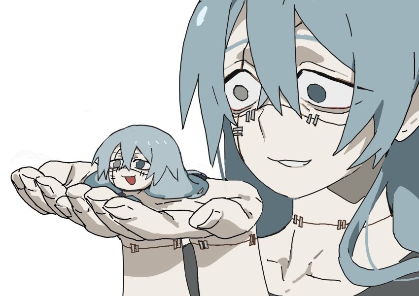 blue_hair, hair_between_eyes, haunted_astolfo_bean_plush, heterochromia, highres, holding_chibi, jujutsu_kaisen, kkrmcmc