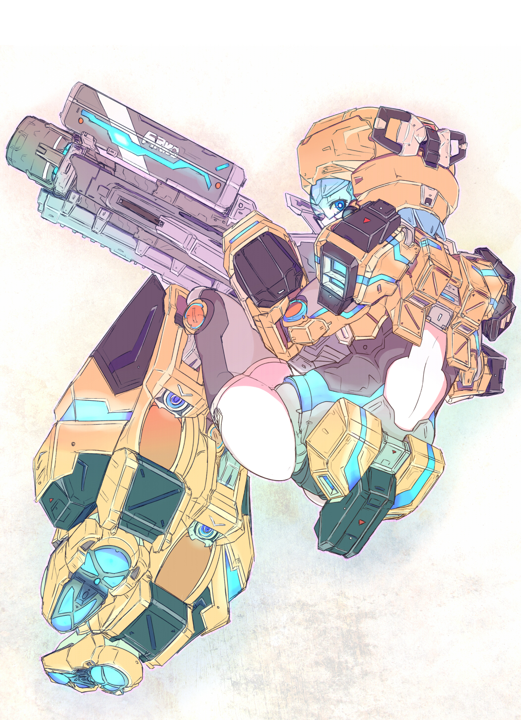 1girl, android, arm_armor, armor, ass, assault_visor, back, back_cutout