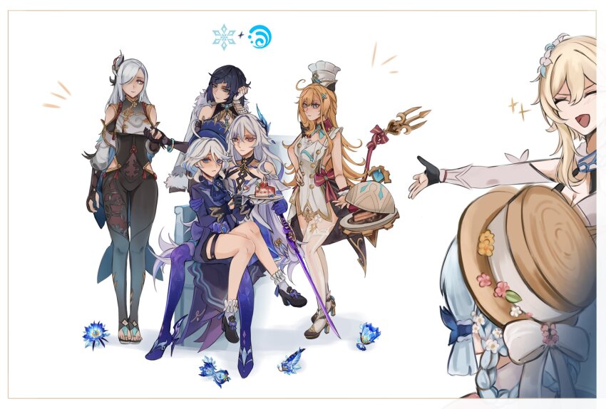 6+girls, ahoge, artifact_(genshin_impact), ayaka_(genshin_impact), bare_shoulders, black_bodystocking, black_gloves, black_hair, black_shoes, blonde_hair, blue_eyes, blue_hair, blue_hat, blue_jacket, blue_pupils, blush, bob_cut, bow, bracelet, braid, braided_ponytail, single_breast_curtain, breasts, bright_pupils, cake, cake_slice, chef_hat, chinese_clothes, cleavage, closed_mouth, clothing_cutout, commentary, cryo_symbol_(genshin_impact), detached_sleeves, dice, drop-shaped_pupils, english_commentary, eni_(enidaisy69), escoffier_(genshin_impact), expressionless, flower, food, from_behind, full_body, furina_(genshin_impact), genshin_impact, gloves, gradient_hair, green_eyes, grey_eyes, hair_between_eyes, hair_flower, hair_ornament, hair_over_one_eye, half_gloves, hand_on_own_hip, hat, hat_ribbon, heterochromia, high_heels, highres, hip_vent, holding, holding_hands, holding_plate, holding_sword, holding_weapon, hydro_symbol_(genshin_impact), jacket, jewelry, kamisato_ayaka, kamisato_ayaka_(springbloom_missive), long_hair, long_sleeves, looking_at_viewer, looking_to_the_side, lumine_(genshin_impact), medium_breasts, medium_hair, mistsplitter_reforged_(genshin_impact), multicolored_hair, multiple_girls, open_mouth, orange_hair, partially_fingerless_gloves, plate, purple_hair, purple_thighhighs, red_bow, red_eyes, ribbon, shadow, shenhe_(genshin_impact), shoes, sitting, sitting_on_lap, sitting_on_person, skirk_(genshin_impact), smile, sparkle, standing, straw_hat, sword, symbol-shaped_pupils, tassel, thighhighs, two-tone_hair, upper_body, vision_(genshin_impact), weapon, white_background, white_hair, white_pupils, white_ribbon, white_thighhighs, x_hair_ornament, yelan_(genshin_impact)