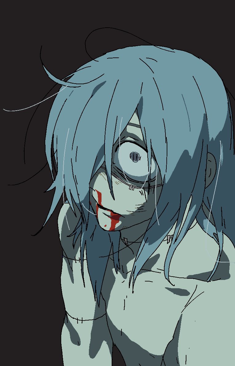 1boy, blood, blood_from_mouth, blue_hair, collarbone, hair_over_one_eye, jujutsu_kaisen, kkrmcmc