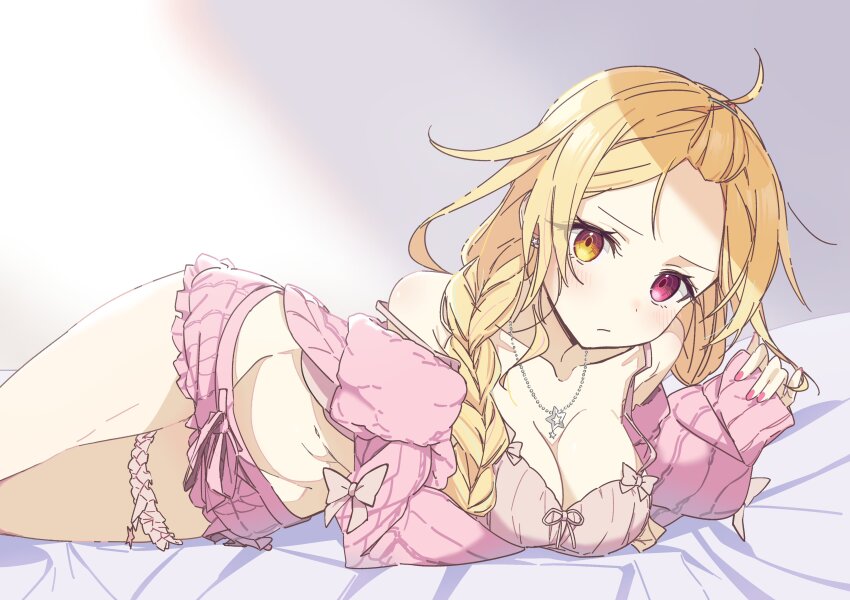 1girl, :t, absurdres, ahoge, babydoll, bangs_pinned_back, bed_sheet, blonde_hair